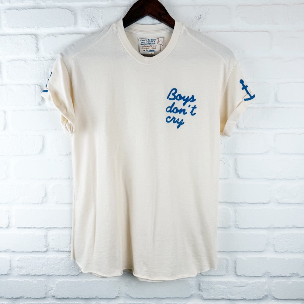 Sandrine Rose Cream “Boys Don’t Cry” Graphic Tee Embroidered Rolled Hem XS